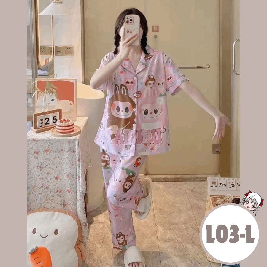 [L03-L] Labubu Thailand Silk Cotton Long Pants Pajamas set 拉布布卡通短袖长裤睡衣套装