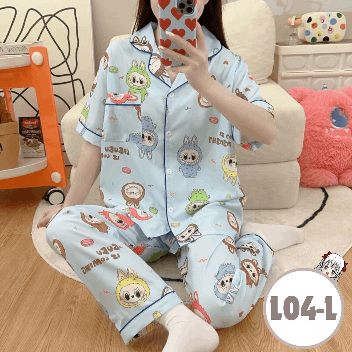 [L04-L] Labubu Thailand Silk Cotton Long Pants Pajamas set 拉布布卡通短袖长裤睡衣套装