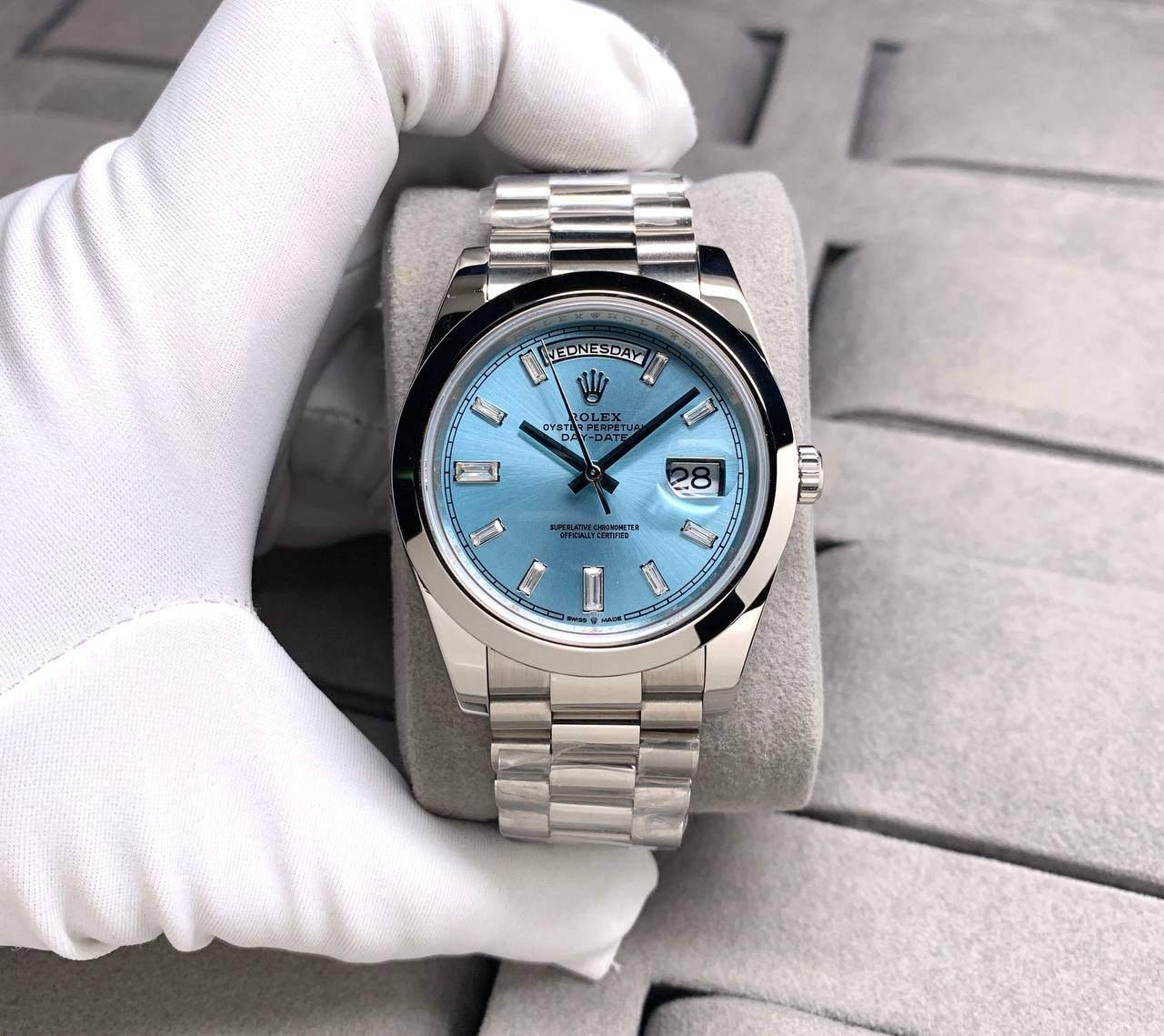 ROLEX OYSTER PERPETUAL DAY DATE ICE BLUE DIAL DIAMOND MARKER AUTOMATIC 40MM MEN WATCH