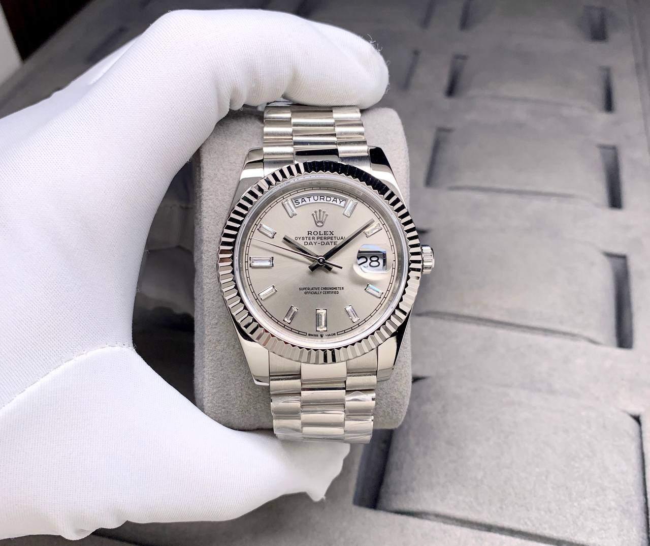 ROLEX OYSTER PERPETUAL DAY DATE GREY DIAL DIAMOND MARKER AUTOMATIC 40MM MEN WATCH