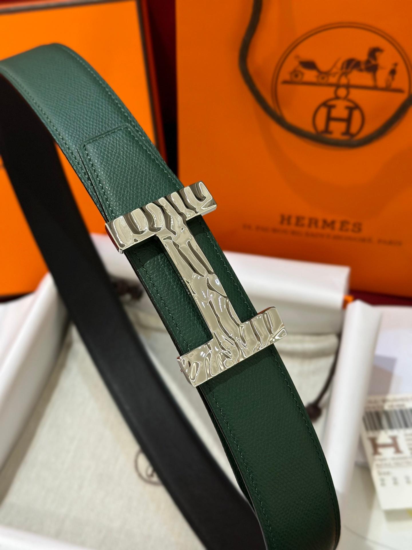 HERMES BELT 008 -DARK GREEN -SILVER -FOR MEN /UNISEX