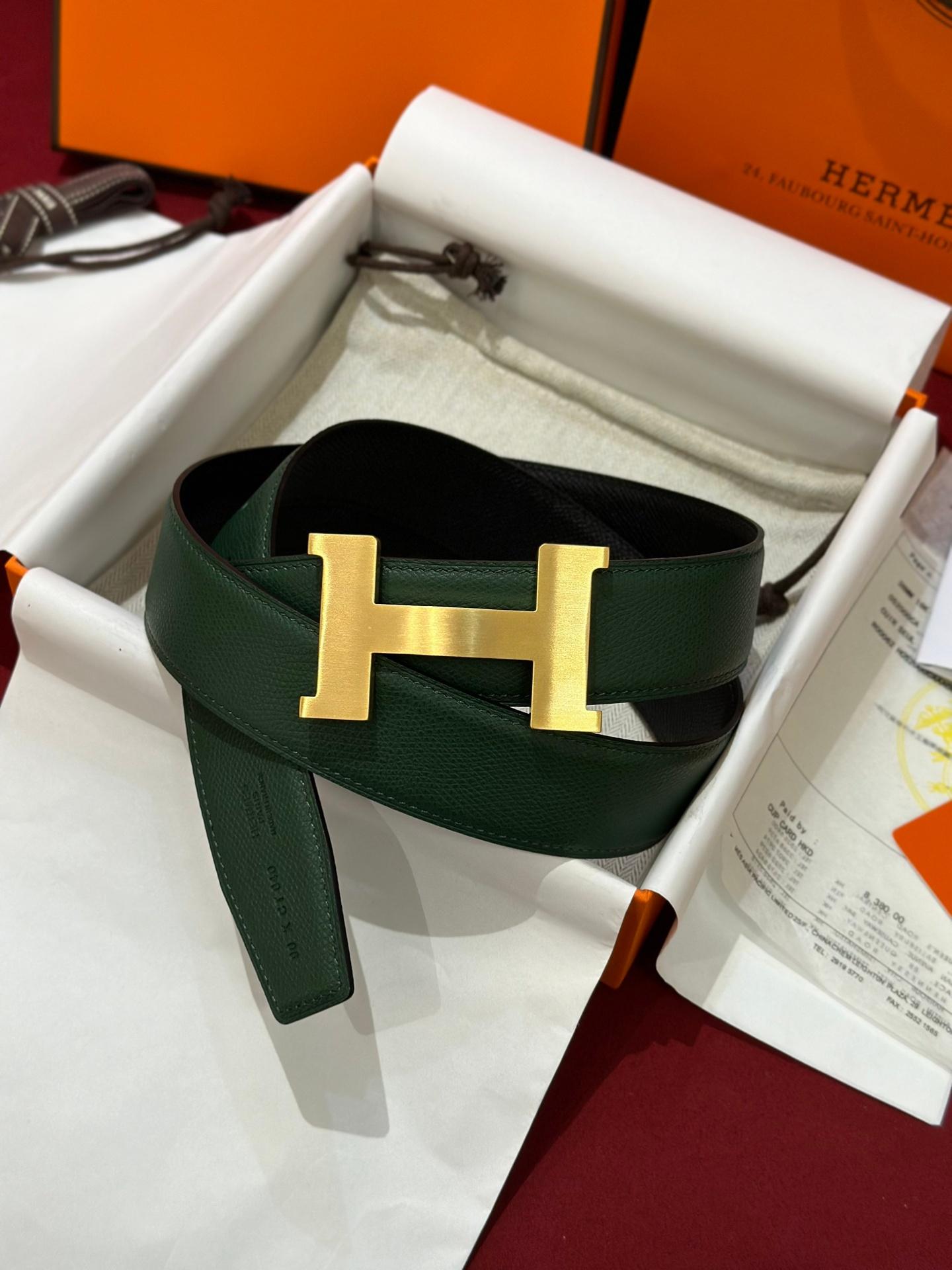 HERMES BELT 009-DARK GREEN -GOLD-FORMEN/UNISEX