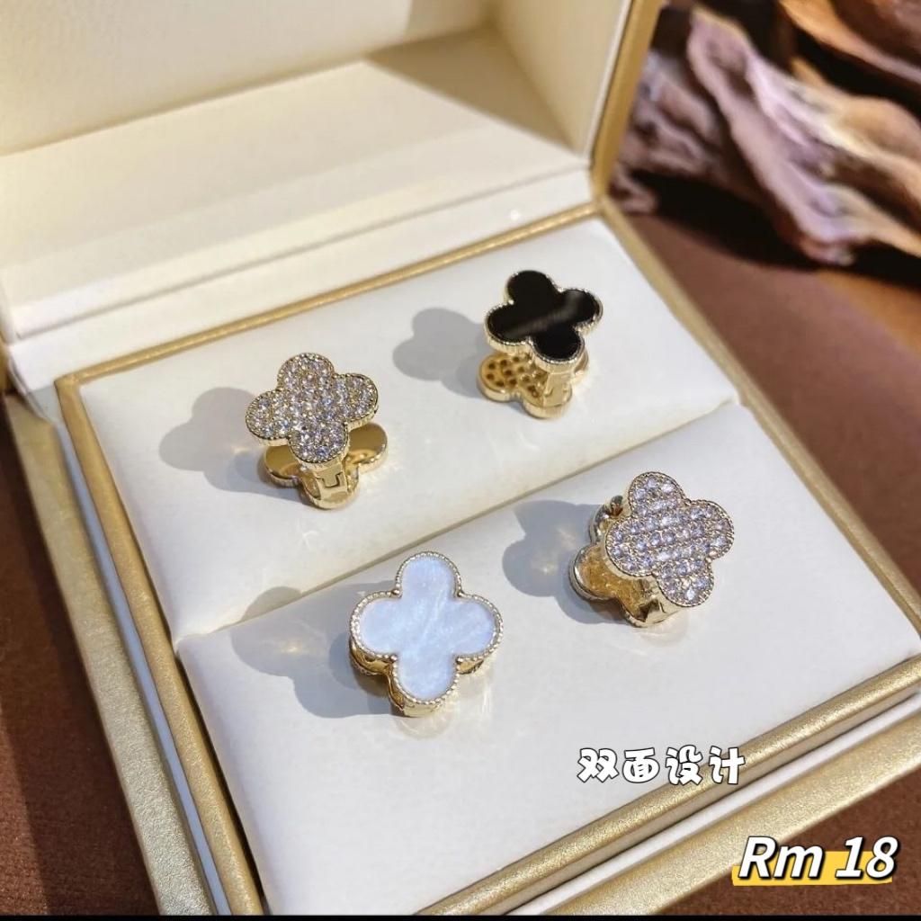 四叶草双面带钻珐琅贝母高品质耳钉