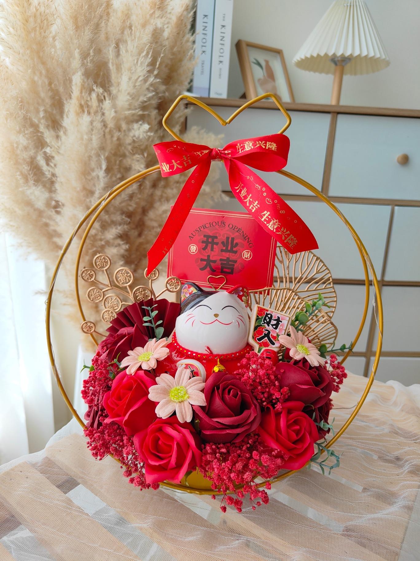 K26 Opening lucky Cat Table Flower 铁艺开业花篮（红色）
