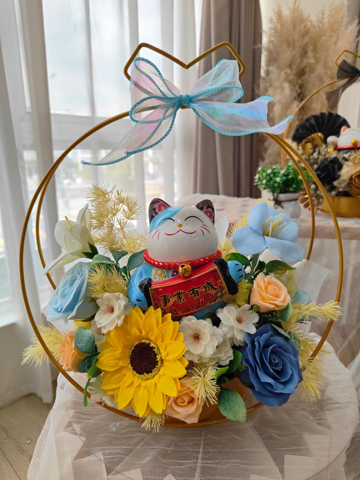 K26 Opening Lucky Cat Table Flower Basket铁艺开业花篮（蓝色）