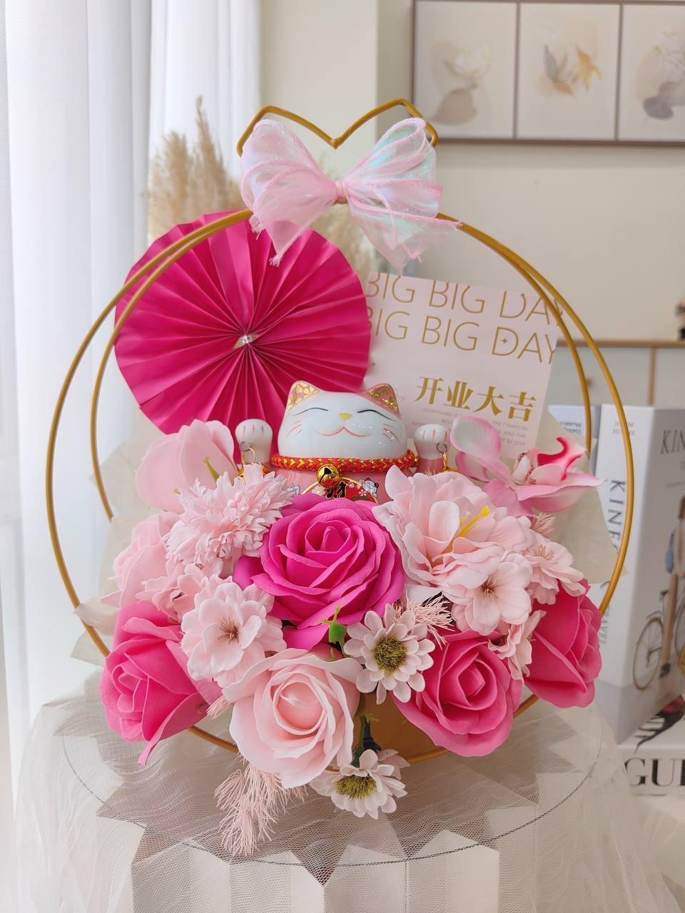 K26 Opening Lucky Cat Table Flower Basket粉色铁艺业开花篮