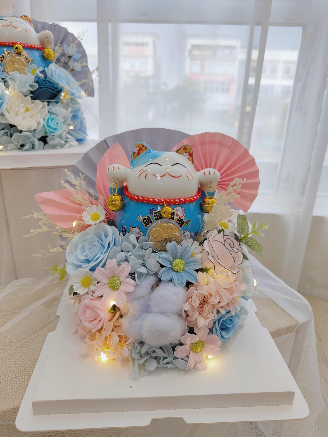 K115 Opening lucky Cat Table Flower 粉蓝色