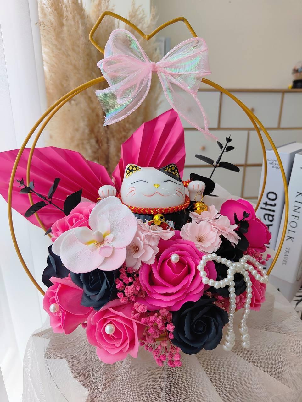K26 Opening Lucky Cat Table Flower Basket黑粉铁艺业开花篮