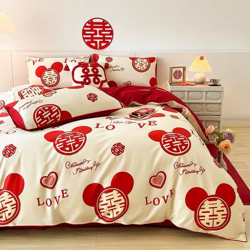 结婚床单wedding bedsheets 红色陪嫁结婚新婚喜庆婚房喜被床单被套婚嫁家用床上用品