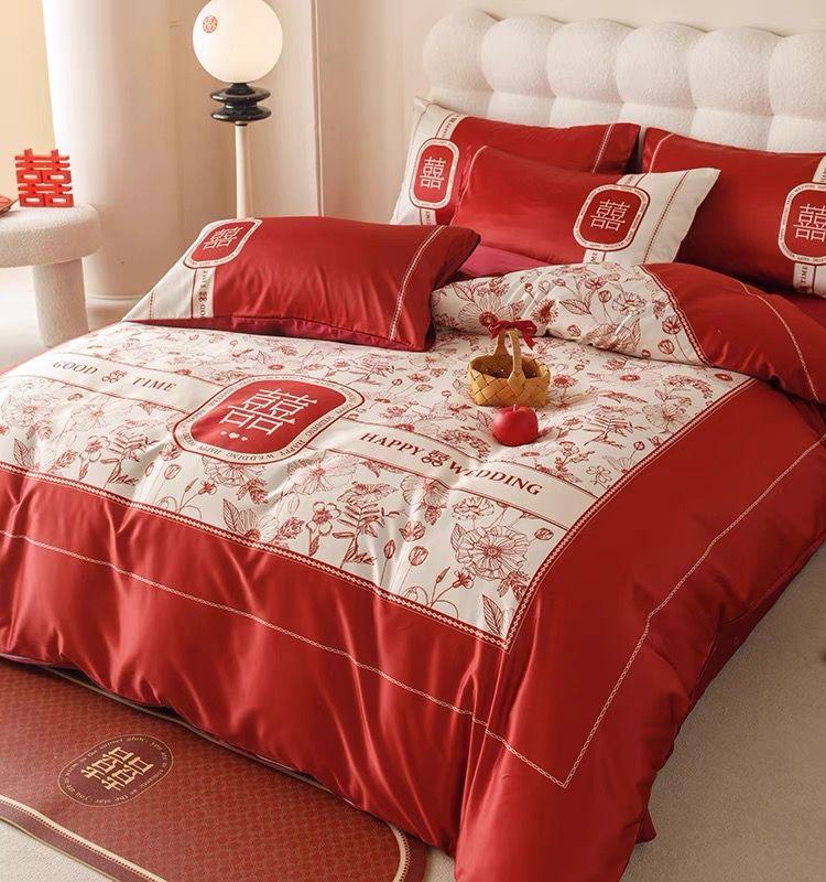 Wedding bedsheets 2024结婚床单网红款式简约中式结婚大红色床单被套全棉纯棉婚庆床上用品婚房喜被