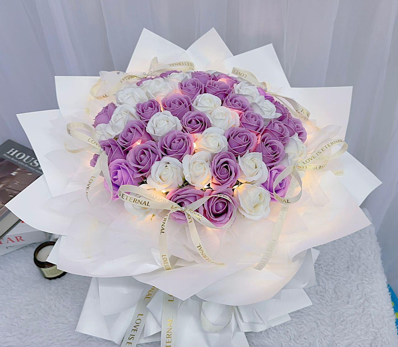 50 stalks Roses Soap Flower Purple White colour