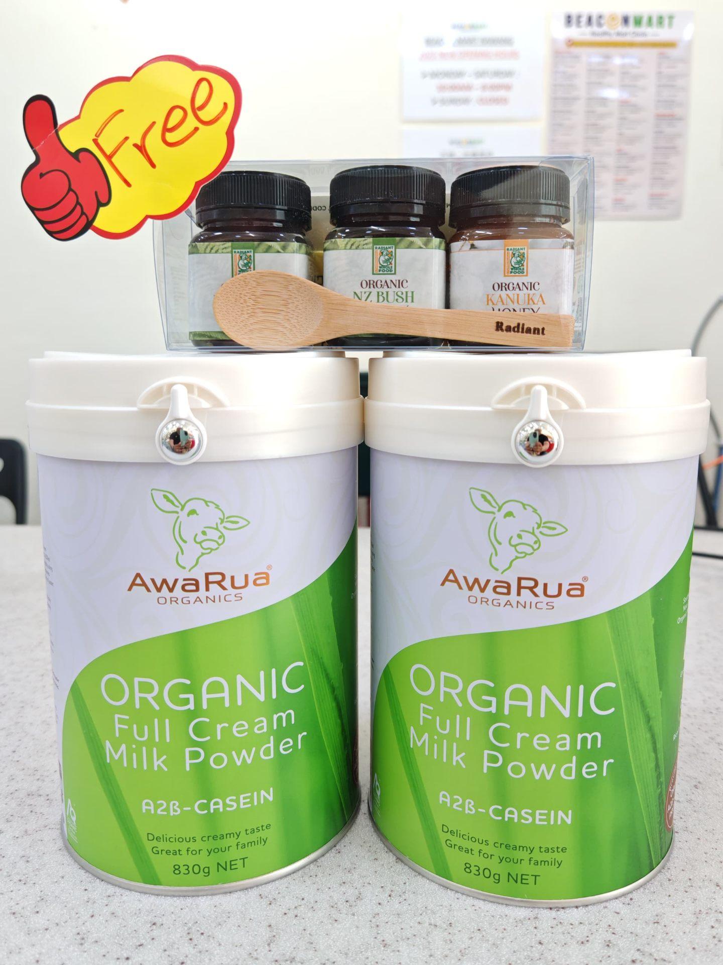 Awarua Org. Full Cream Milk Powder(830g) Buy 2 Free 1 set (Mini NZ Bush x2 + Kanuka x1)