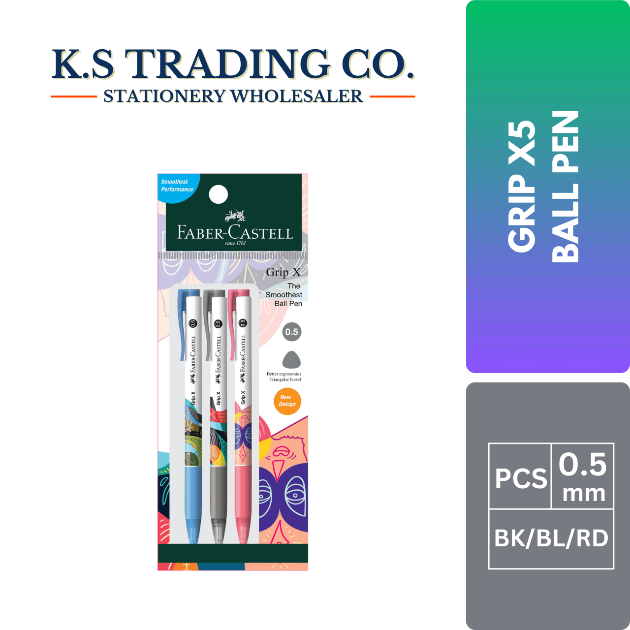 Faber Castell GripX Ball Pen 0.5mm - BL/BK/RD (Pkt of 3's)