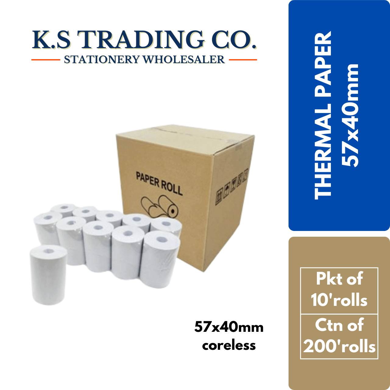 Thermal Paper 57x40mm (70g) (coreless) (Pkt of 10'rolls)