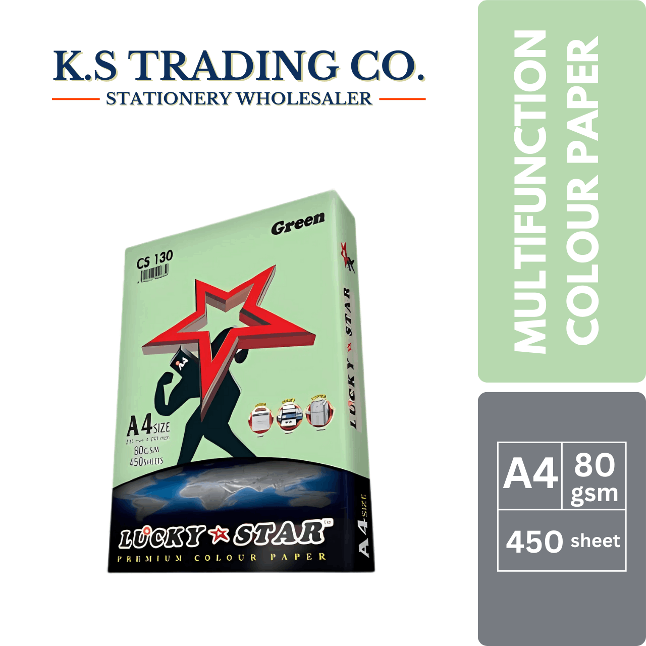 Lucky Star Col Paper (Green) A4 80gsm 450sheets