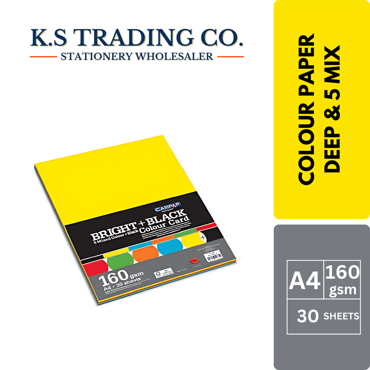 Campap A4 Deep Col Paper 160gsm 30'sheets (5 Mixed + Black)