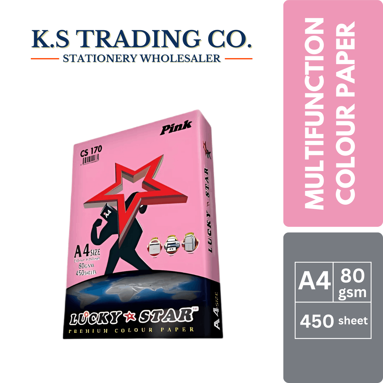 Lucky Star Col Paper (Pink) A4 80gsm 450sheets
