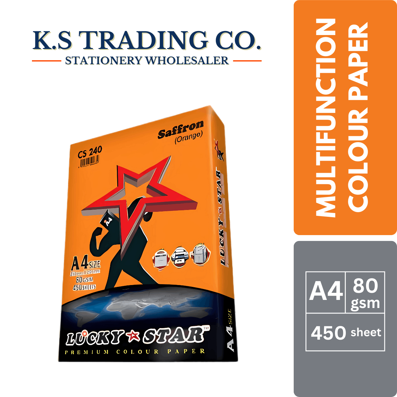 Lucky Star Col Paper (Orange) A4 80gsm 450sheets