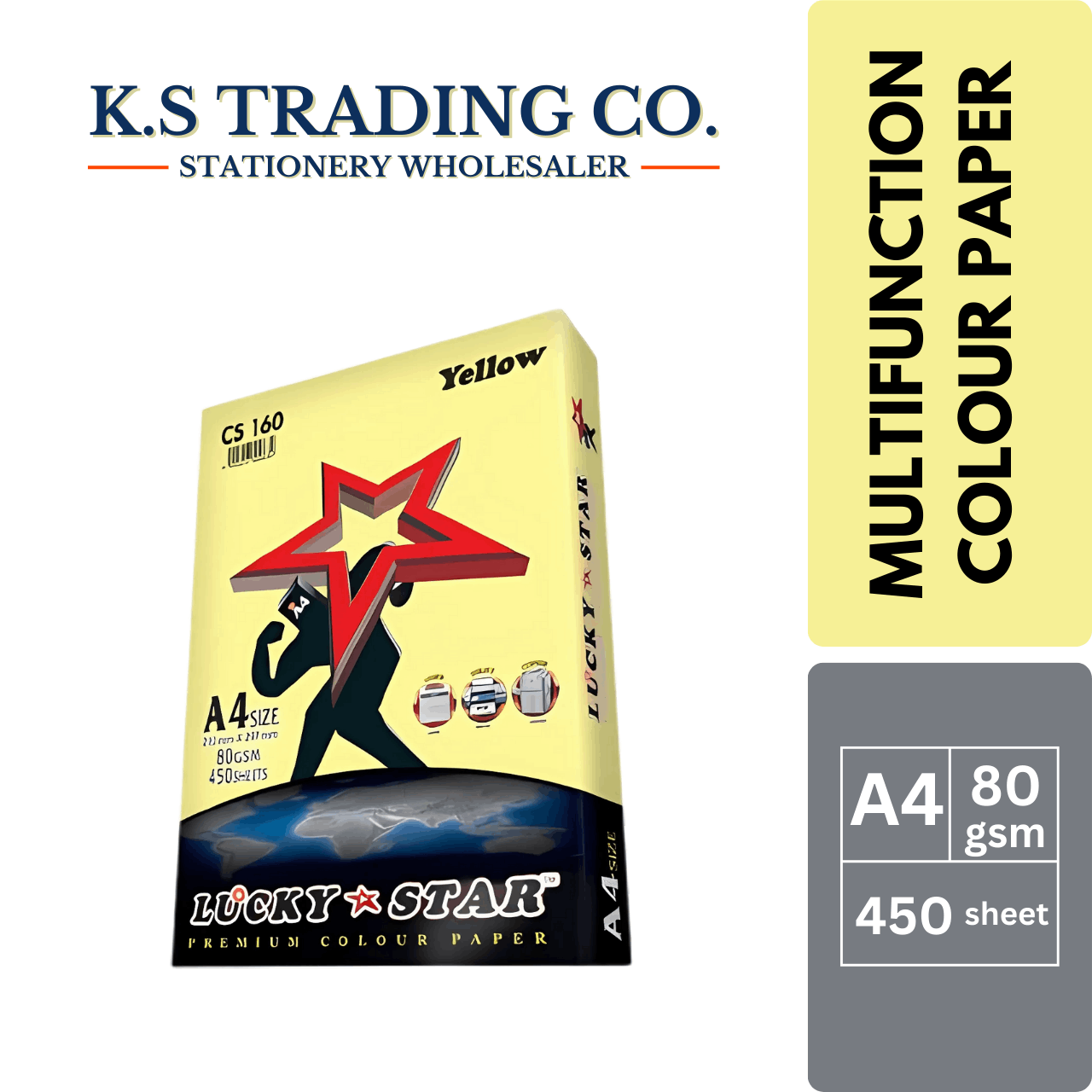 Lucky Star Col Paper (Yellow) A4 80gsm 450sheets