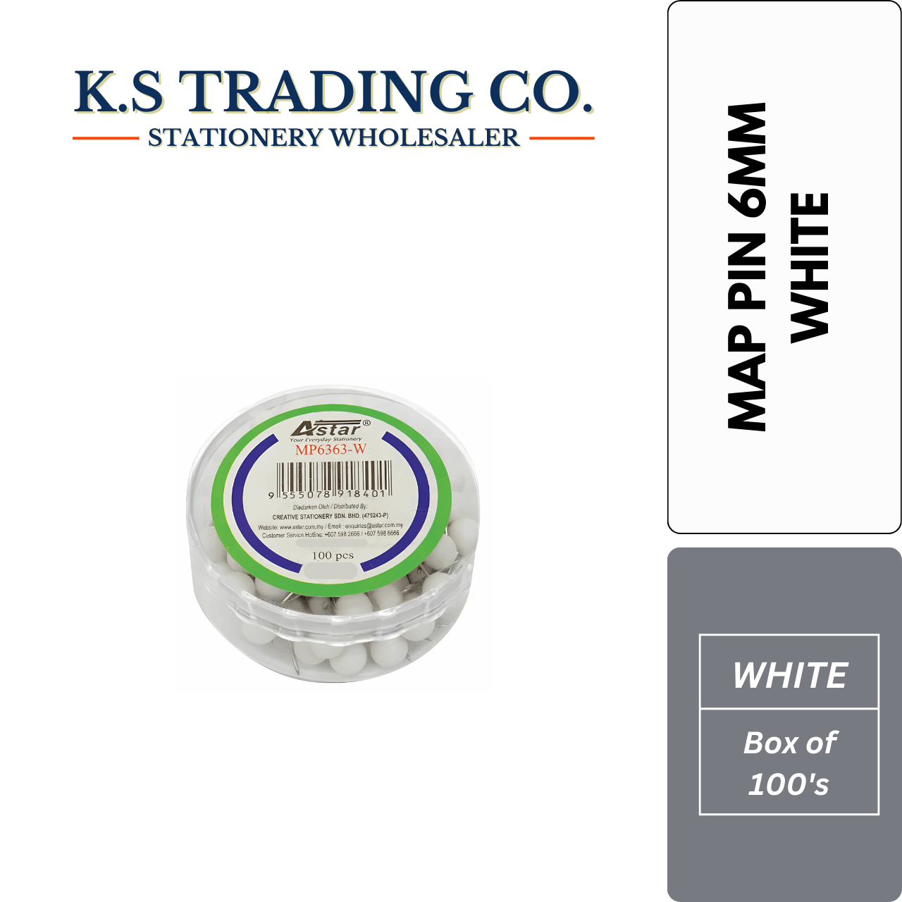 Astar Map Pin 6mm - White (Box of 100's)