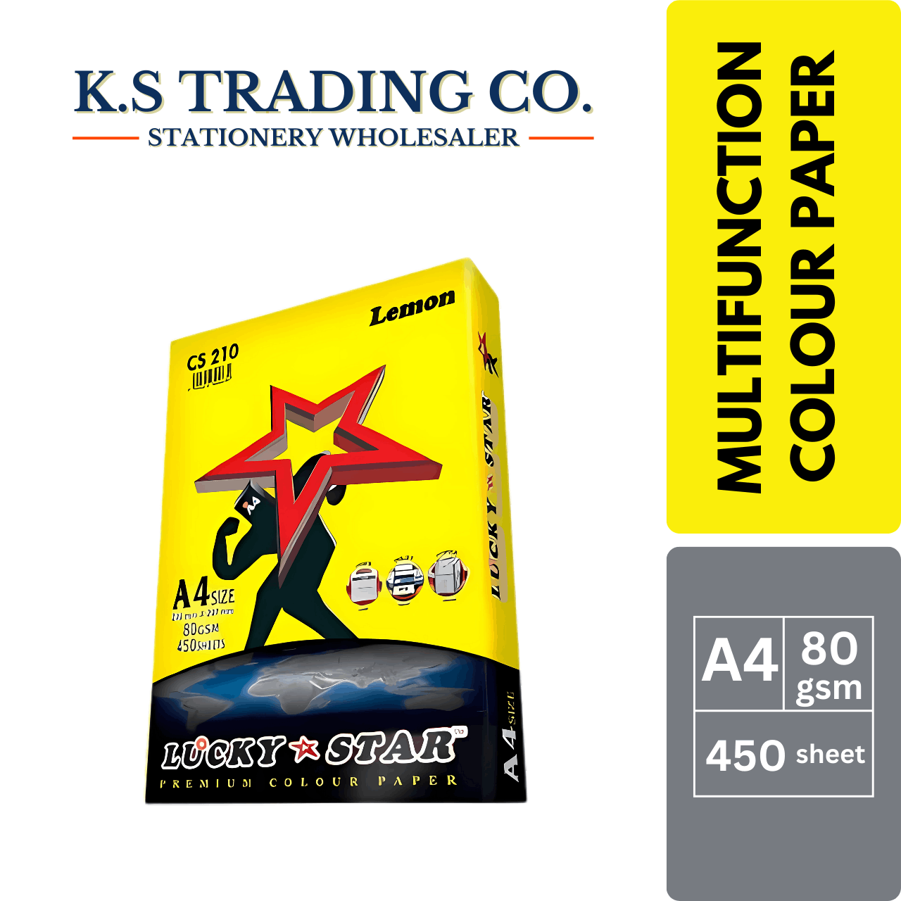 Lucky Star Col Paper (Lemon) A4 80gsm 450sheets