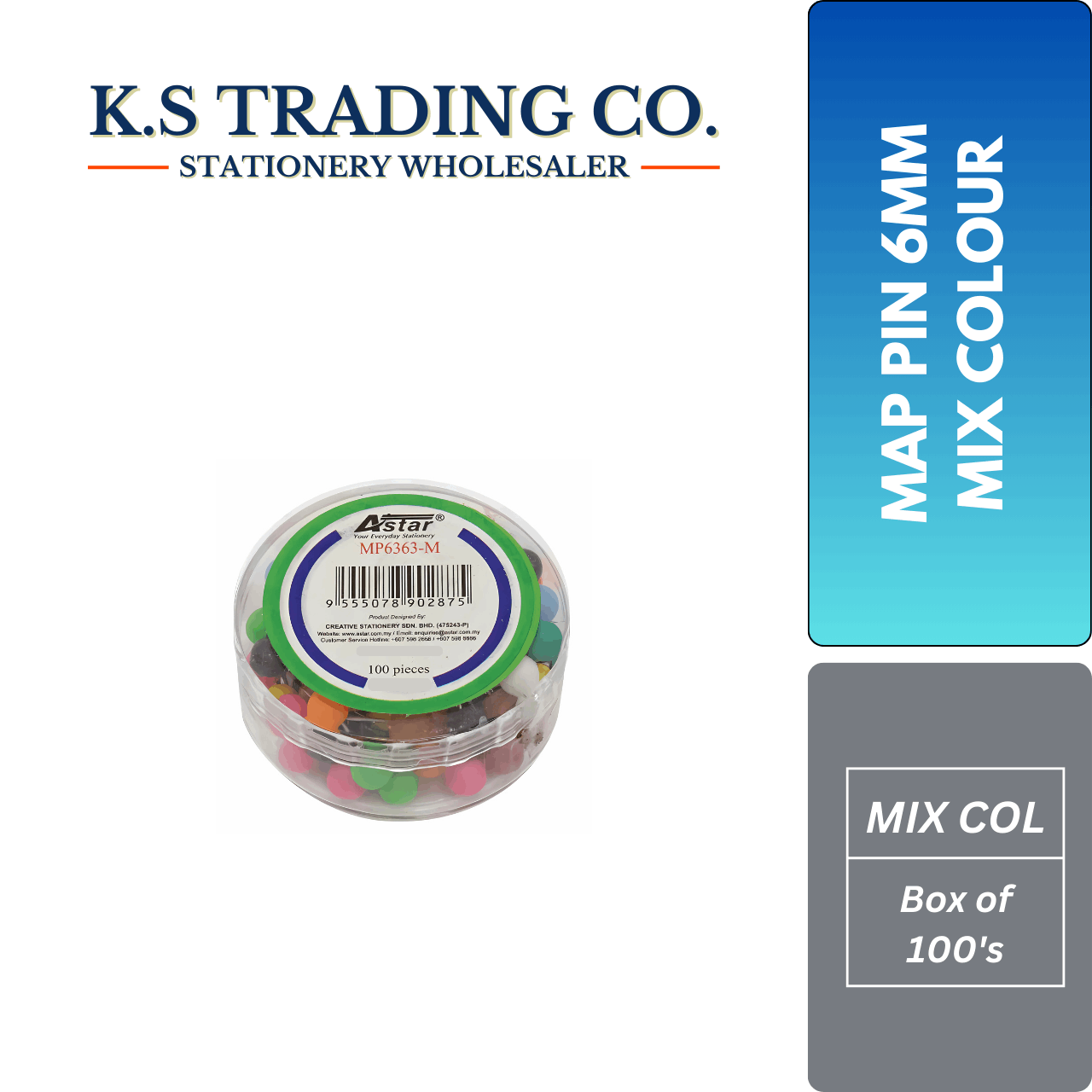 Astar Map Pin 6mm - Mix Colour (Box of 100's)