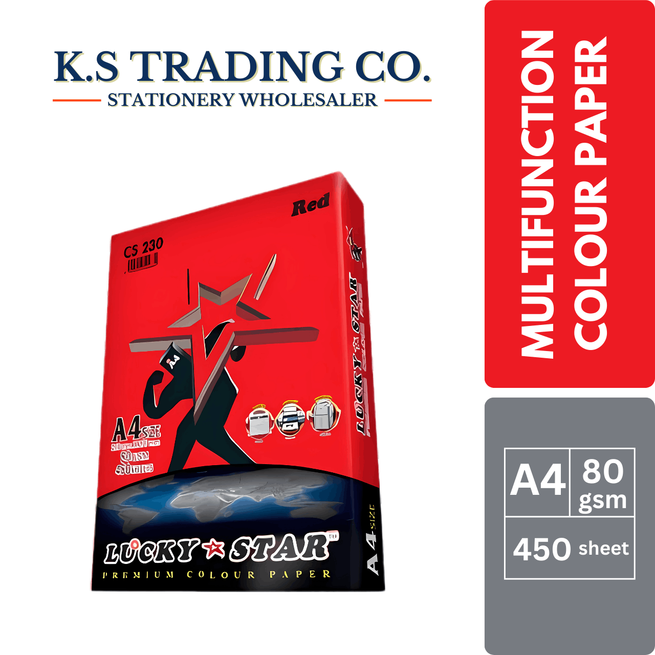 Lucky Star Col Paper (Red) A4 80gsm 450sheets