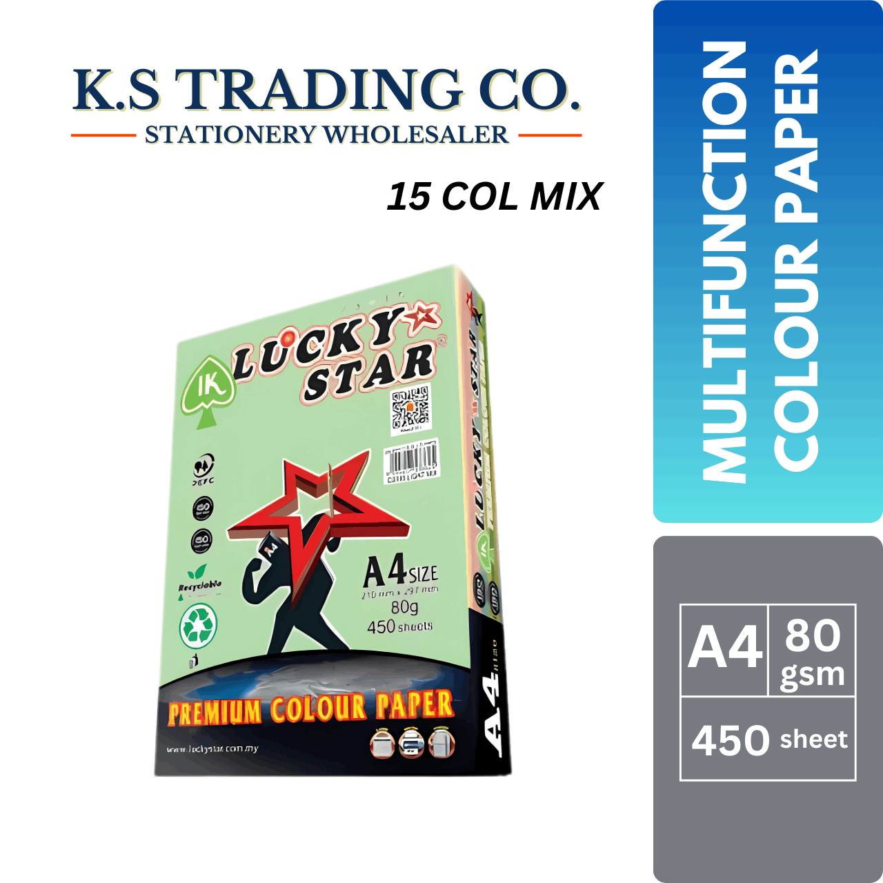 Lucky Star Col Paper (15 Mix) A4 80gsm 450sheets