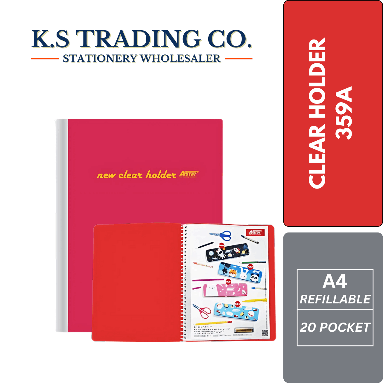Astar Clear Holder 359A A4 20'Pocket - Red