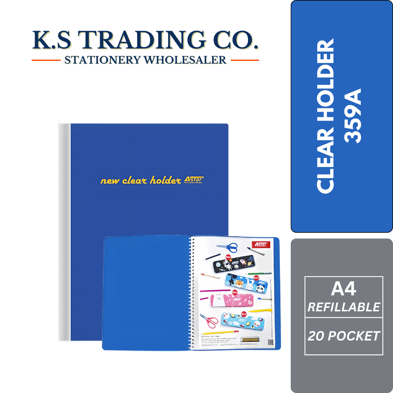Astar Clear Holder 359A A4 20'Pocket - Blue