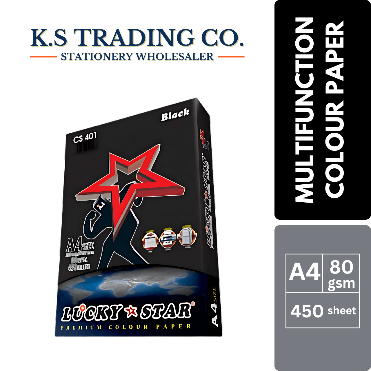 Lucky Star Col Paper (Black) A4 80gsm 450sheets