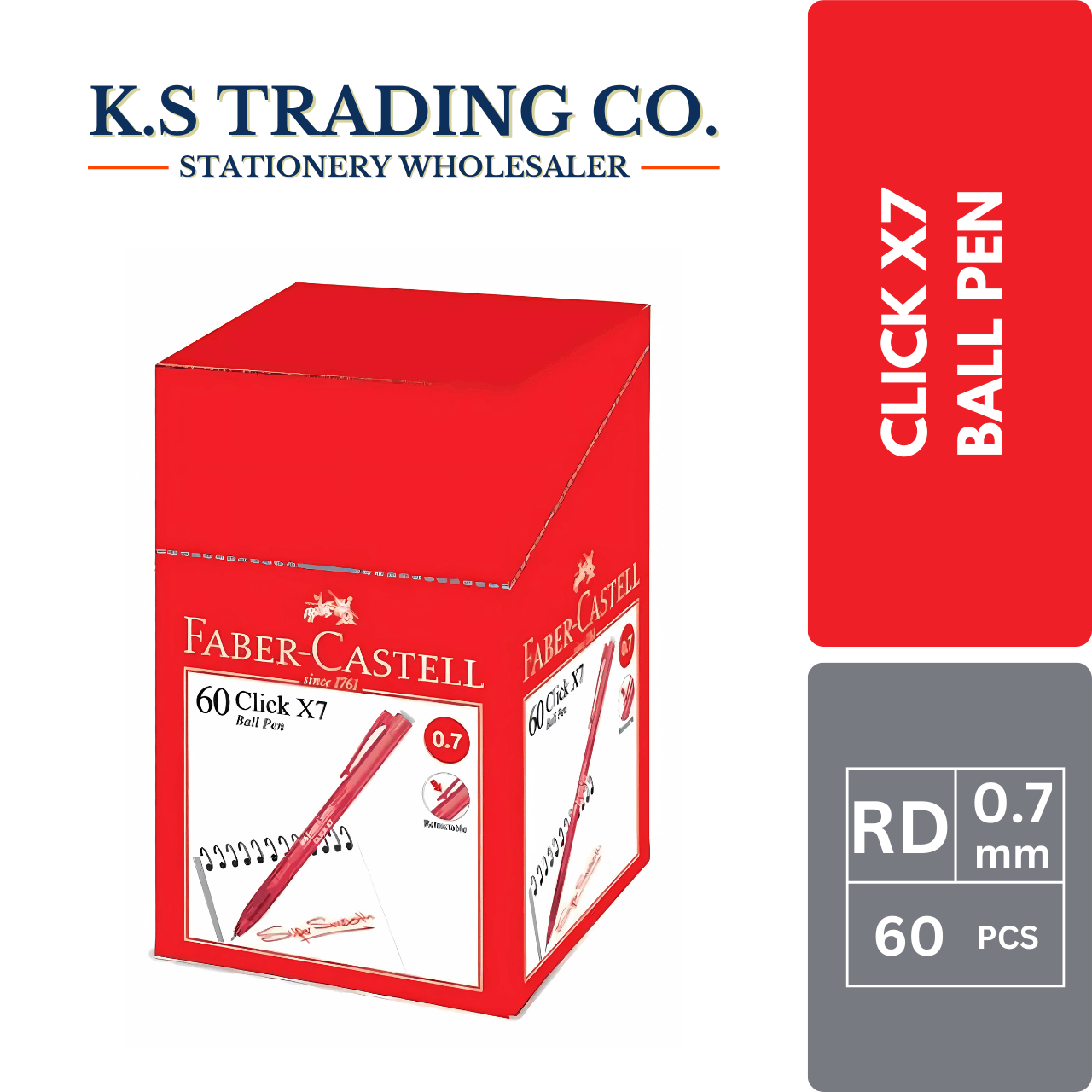 Faber Castell Click Ball Pen 0.7mm - Red (Box of 60'pcs)