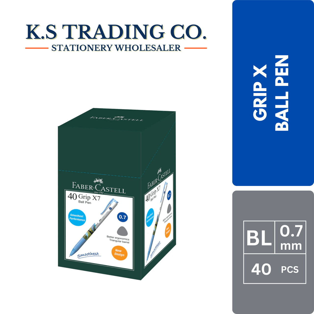 Faber Castell GripX Ball Pen 0.7mm - Blue (Box of 40'pcs)