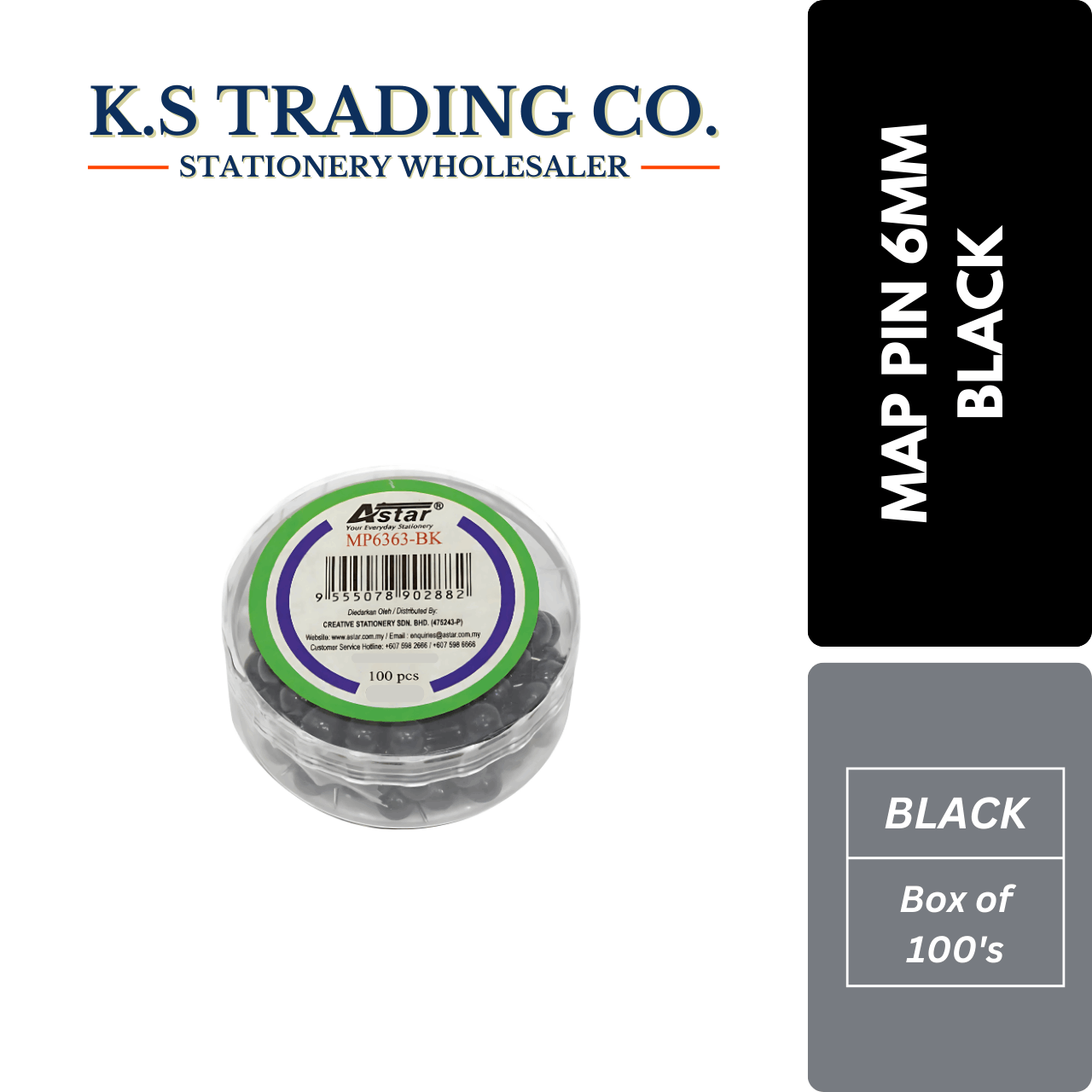 Astar Map Pin 6mm - Black (Box of 100's)