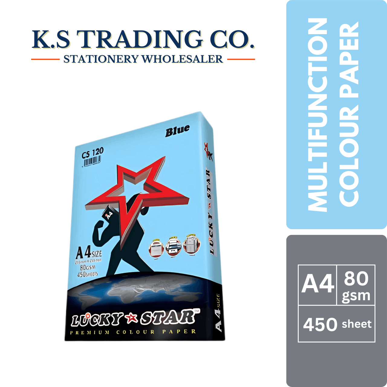 Lucky Star Col Paper (Blue) A4 80gsm 450sheets