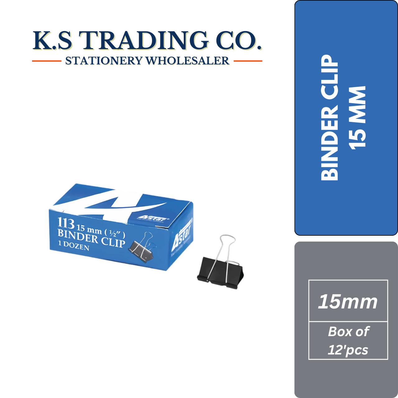 Astar Binder Clip 15mm (Box of 12'pcs)