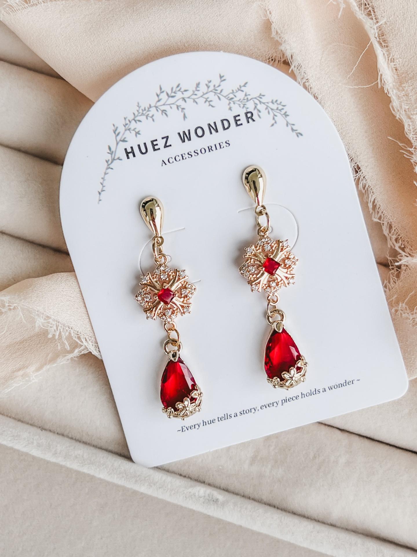 Droplet post with red gem cluster and faceted teardrop dangle /Crimson Noel Drop