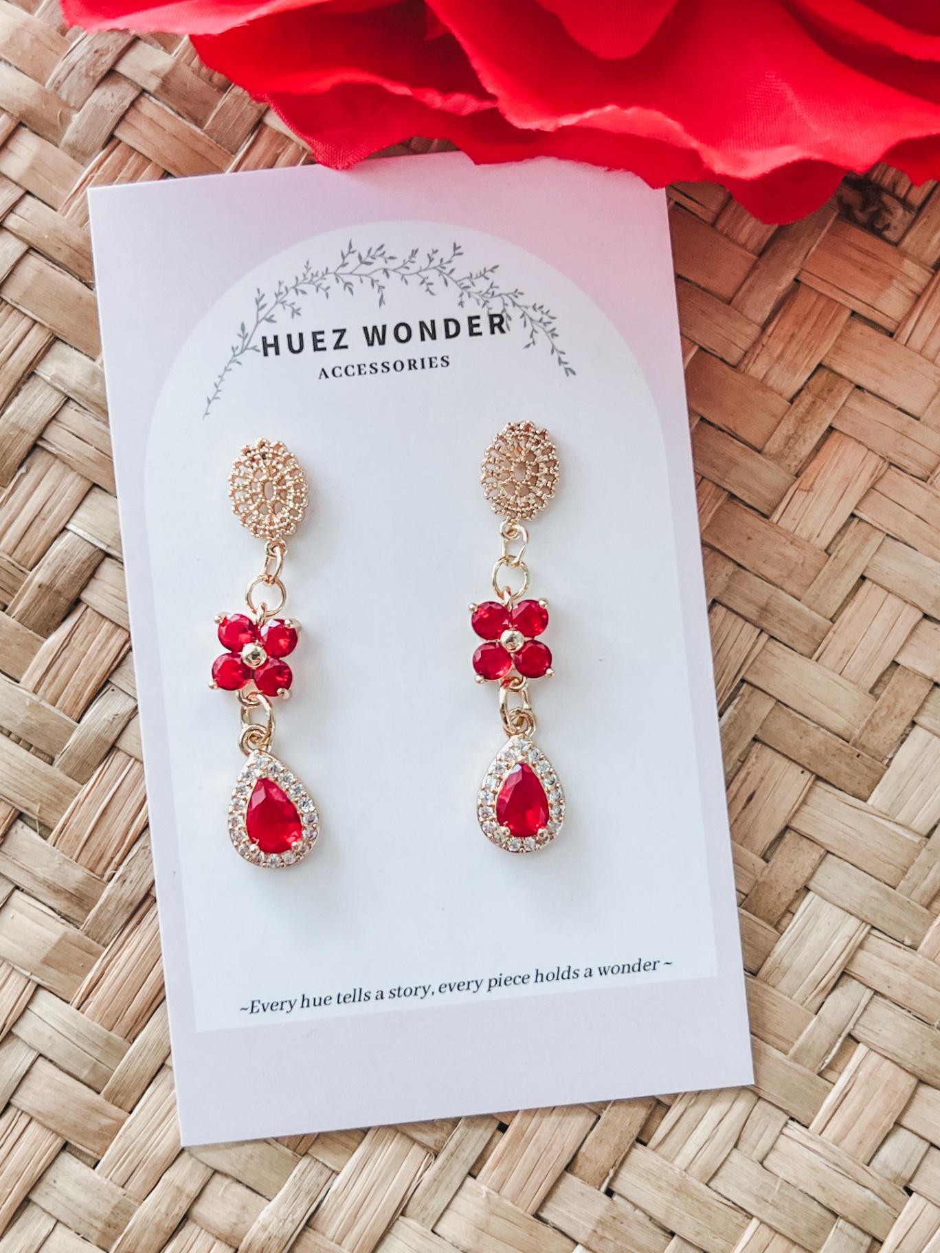 Oriental Charm_Lacey oval studs with 4 petals flower spacer and zirconia oval red dangle