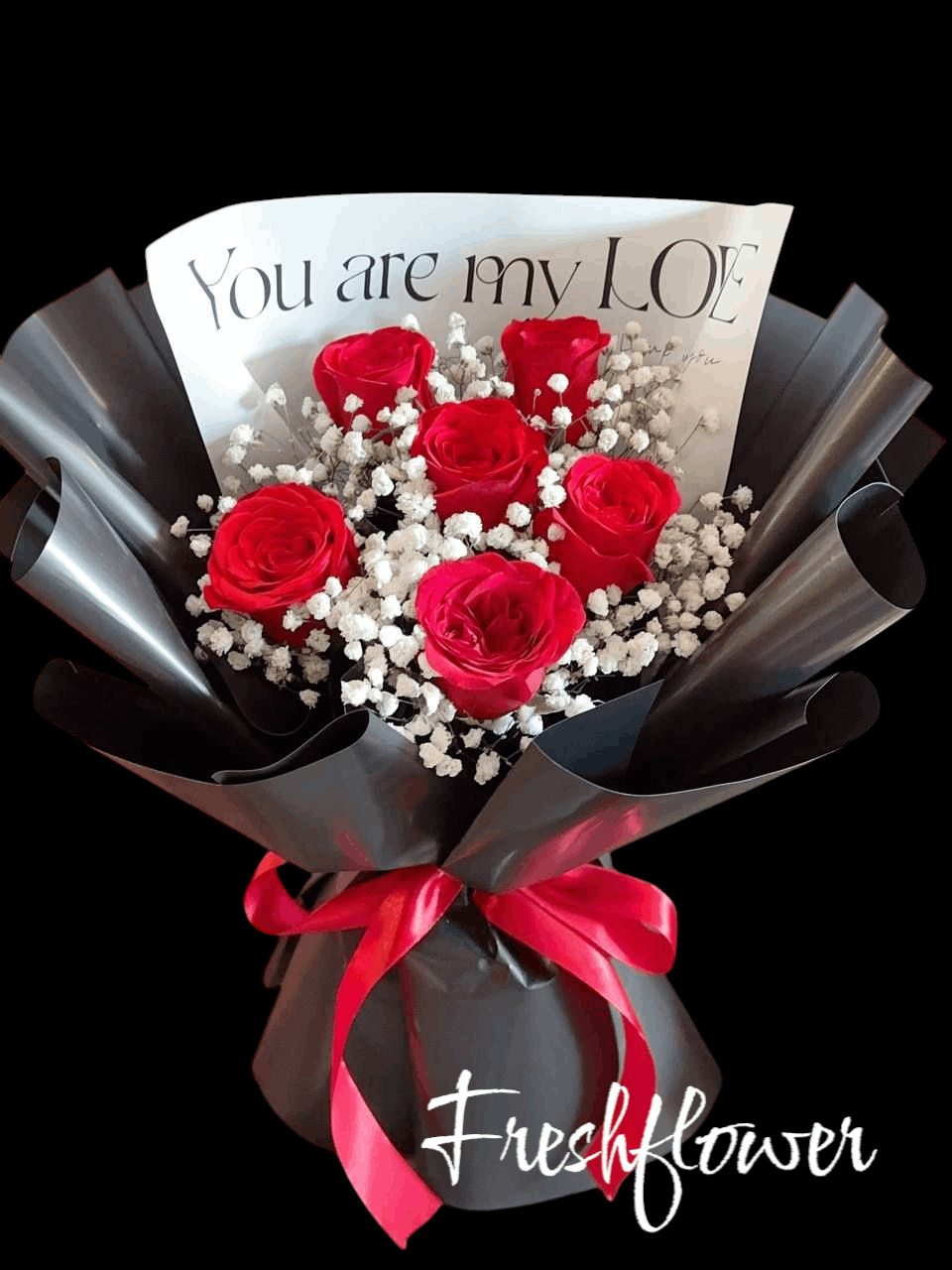 6 Red Roses Bouquet with Baby’s Breath | Black Wrap | Fresh Flower KL