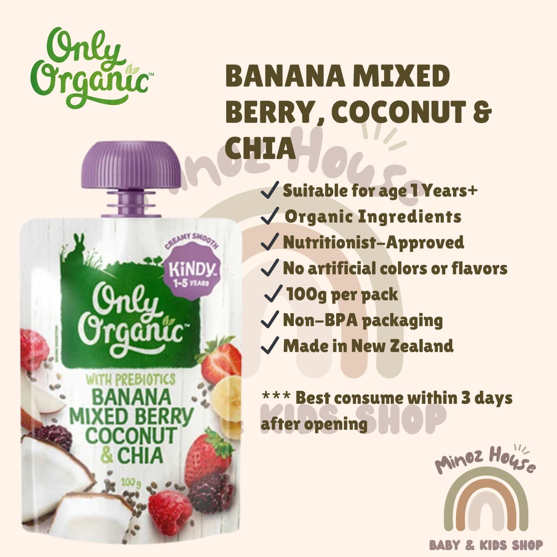Only Organic Fruit & Vege Pouches - Banana, BMixed Berry, Coconut & Chia
