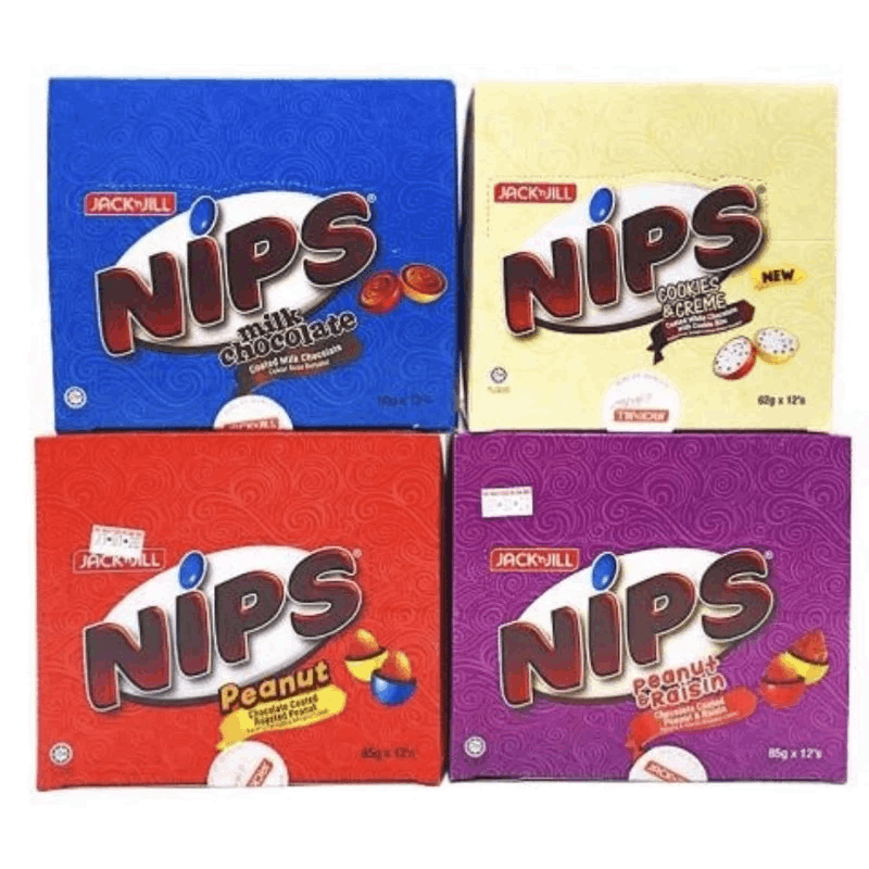 [12pack X 70g / 70g /65g / 62g] Nips Chocolate Peanut / Peanut & Raisin / Milk Chocolate / Cookies & Creme