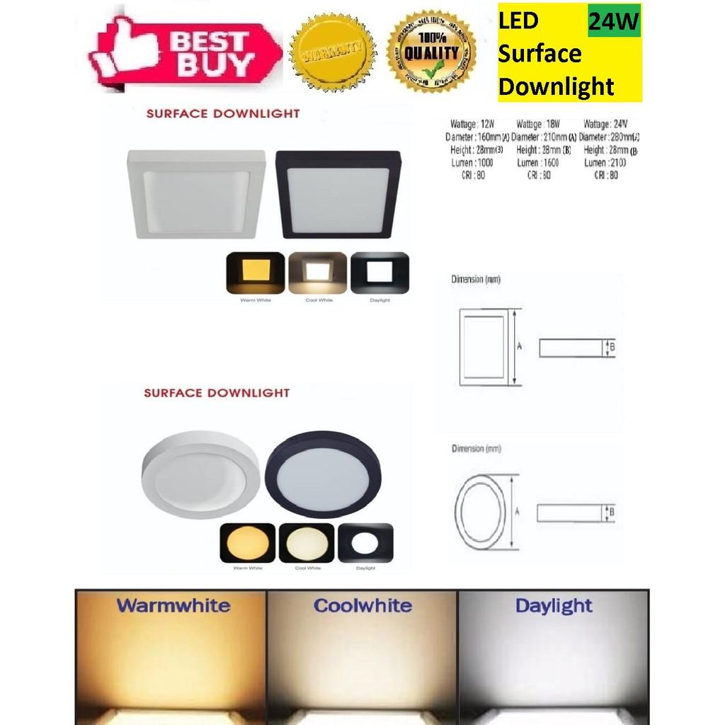 LED Surface Downlight - ROUND or SQUARE (Warm White 3000k/Cool White 4000k/Daylight 6500k) - 24W (BLACK/WHITE)