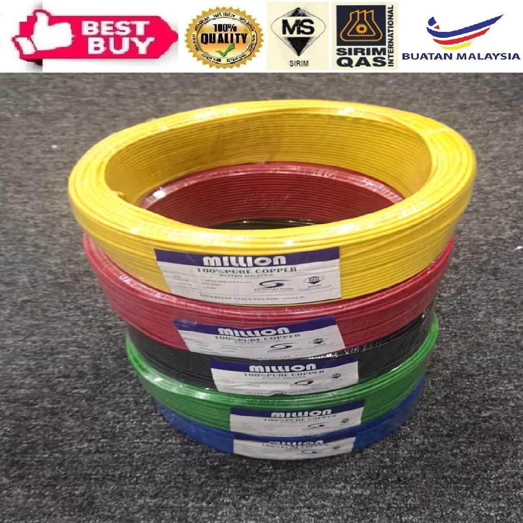 [100% PURE COPPER] Single Core Electric Cable with Red/Yellow/Blue/Green/Black (100Mtr +-) (1.5mm) (Million)