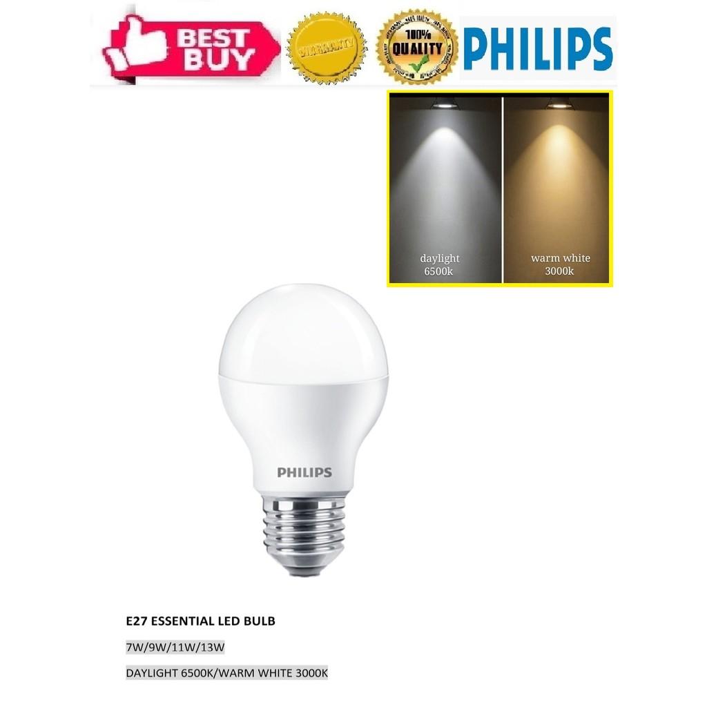 PHILIPS Essential LED Bulb - 7W/9W/11W/13W 3000K(Warm White)||6500K(Daylight) (A60 Ess) (E27)