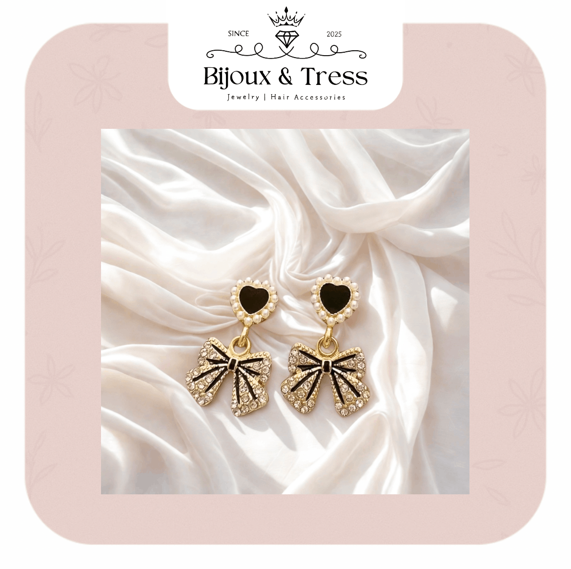 Elegant Black Bowknot & Heart Faux Pearl Stud Earring
