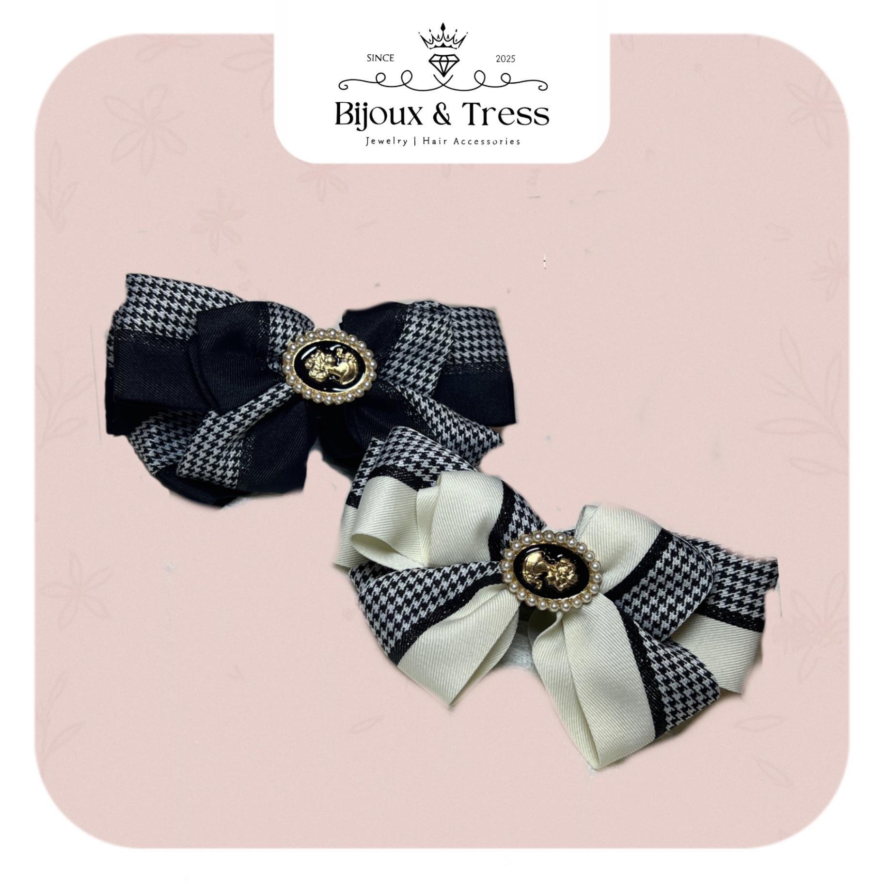 Classic Houndstooth Ribbon Bow Banana Hair Clips